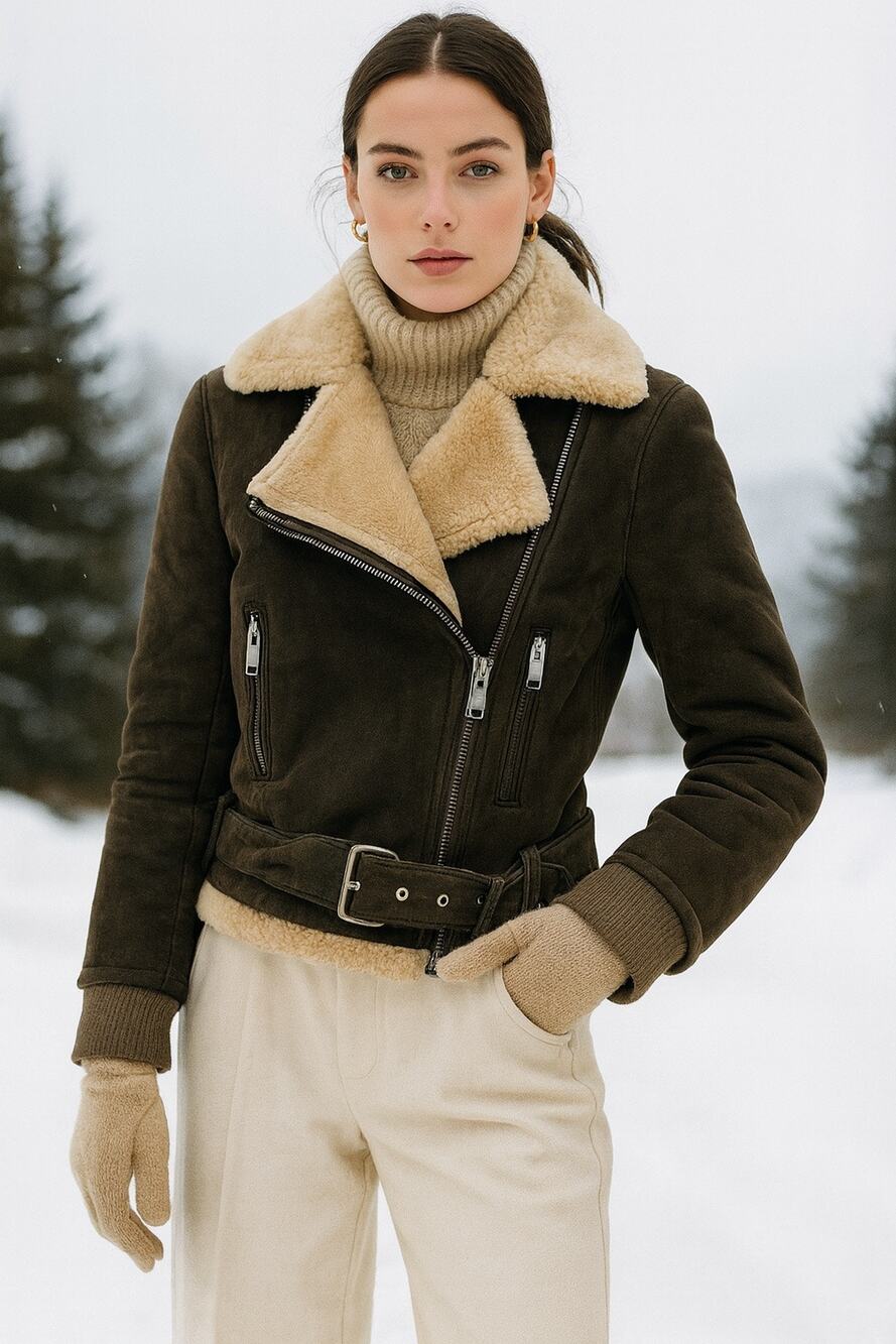 GF Ferre Gianfranco Chocolate Brown Leather Bomber Jacket Shearling 24/38 XS